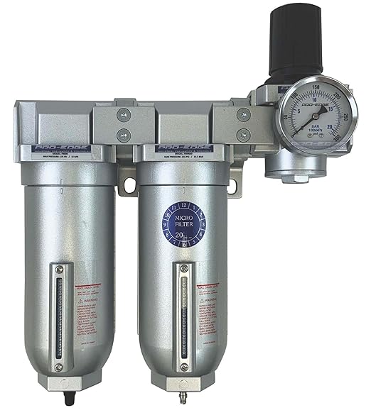 1" NPT Industrial (3-Stage) Moisture Removing Particulate Filter Water Separator and Oil, Moisture Vapor Removing Coalescing Filter and Air Pressure Regulator
