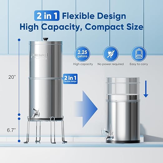 Purewell 3-Stage 0.01μm Ultra-Filtration Gravity Water Filter System, NSF/ANSI 42&372 Certification, 304 Stainless Steel Countertop System with 2 Filters and Stand, Reduce 99% Chlorine, 2.25G, PW-OB