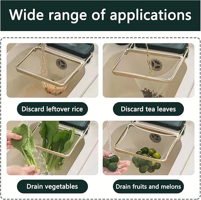 Kitchen Food Waste Filter Basket with 50Pcs Mesh Bag Collapsible Residue Filter Screen Holder Square Bracket Corner Hanging Drain Rack Sink Strainer White 1pcs