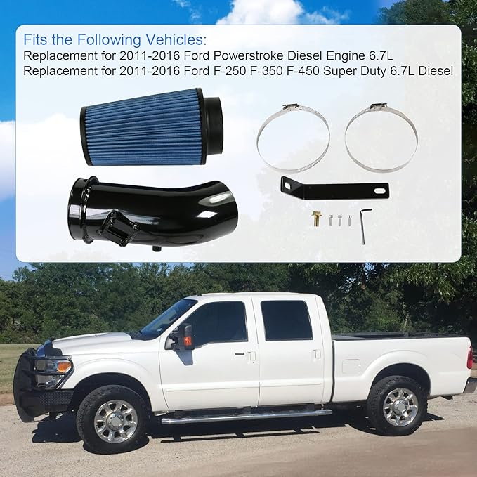 4" Cold Air Intake Pipe Kit with Oiled Filter, Filter System Replacement for 2011-2016 Ford Power stroke Diesel Engine 6.7L, F-250 F-350 F-450 Super Duty 6.7L Diesel (2011 2012 2013 2014 2015 2016)