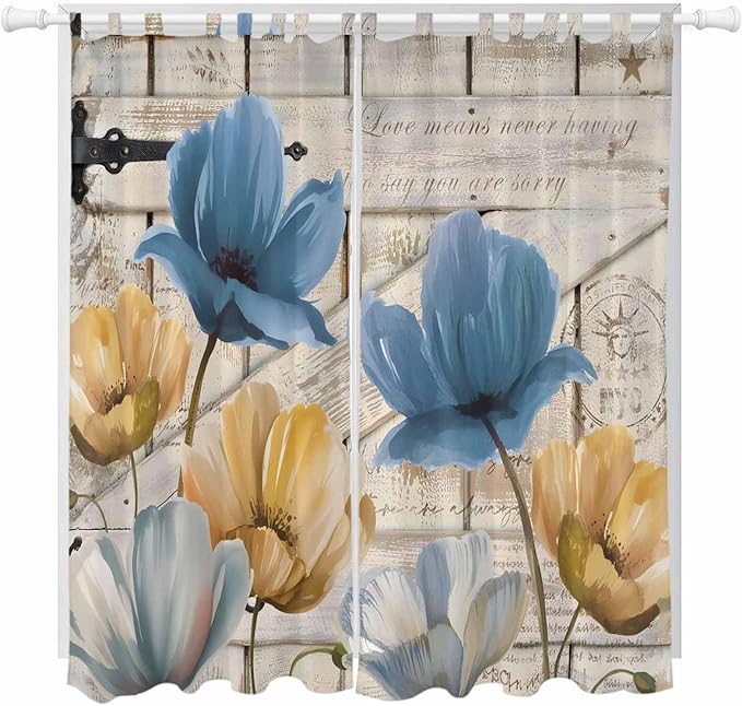 Blue Yellow Tulips Living Room Curtains 84 Inch Length, Window Curtains Tab Top, Retro Farmhouse Flower Barn Doors Wooden Light Filtering Window Treatments Drapes 52"x84" 2 Panel