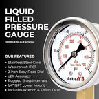 Glycerin-Filled Pressure Gauge,Brass Internal 2-Inch Gauge, Stainless Steel, 1/4" NPT Lower Mount (0-100Psi 2 Pack)