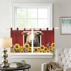 Sheep Sunflower Kitchen Curtains 24 Inch Length, Small Window Curtains Tab Top, Country Red Farm Barn Spring Flowers Light Filtering Short Window Treatments Tier Drapes 27.5"x24" 2 Panel