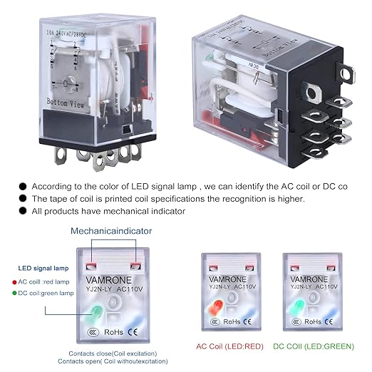 Electromagnetic Power Relay, 8-Pin 10 AMP 110V/120V AC Relay Coil with Socket Base, LED Indicator, DPDT 2NO 2NC - MY2NJ [Applicable for DIN Rail System]