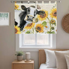Yellow Sunflowers Kitchen Curtains 45 Inch Length, Short Cafe Window Curtains Tab Top, Country Cow Flower Butterfly Farmhouse Cream Light Filtering Window Treatments Tier Drapes 27.5"x45" 2 Panel