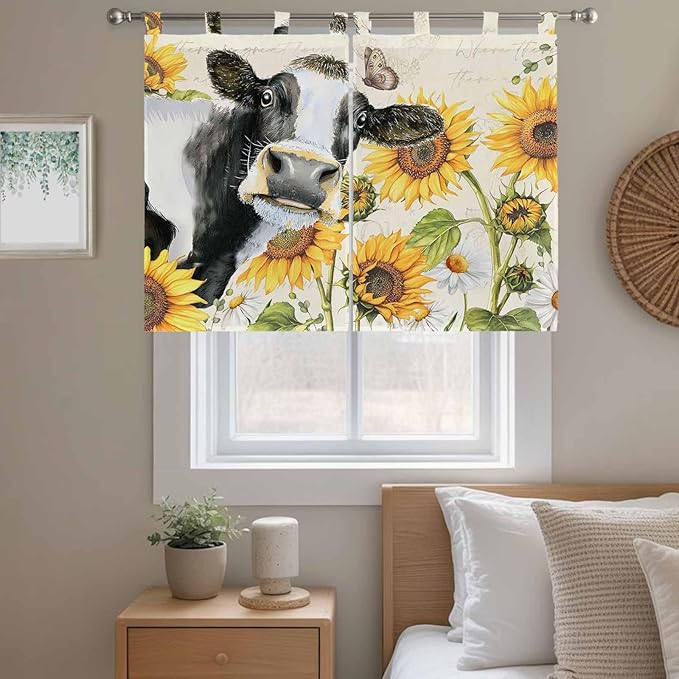 Yellow Sunflowers Bedroom Curtains 63 Inch Length, Window Curtains Tab Top, Country Cow Flower Butterfly Farmhouse Cream Light Filtering Window Treatments Drapes 42"x63" 2 Panel