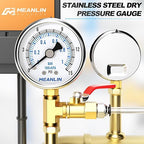 MEANLIN MEASURE 0~15Psi Dry Low Pressure Gauge Stainless Steel 1/4" NPT 2" FACE DIAL Waterproof for Water Oil Air Well Pump Tank Tire Pressure Test Lower Mount, with 1/2" NPT and 3/8" NPT Hex Bushing