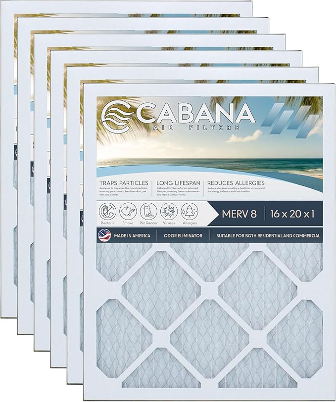 Cabana Filters 6-Pack 16x20x1 MERV 8 AC Furnace Air Filter for Home and Office - Indoor HVAC System Filtration Replacement, Captures Unwanted Particles