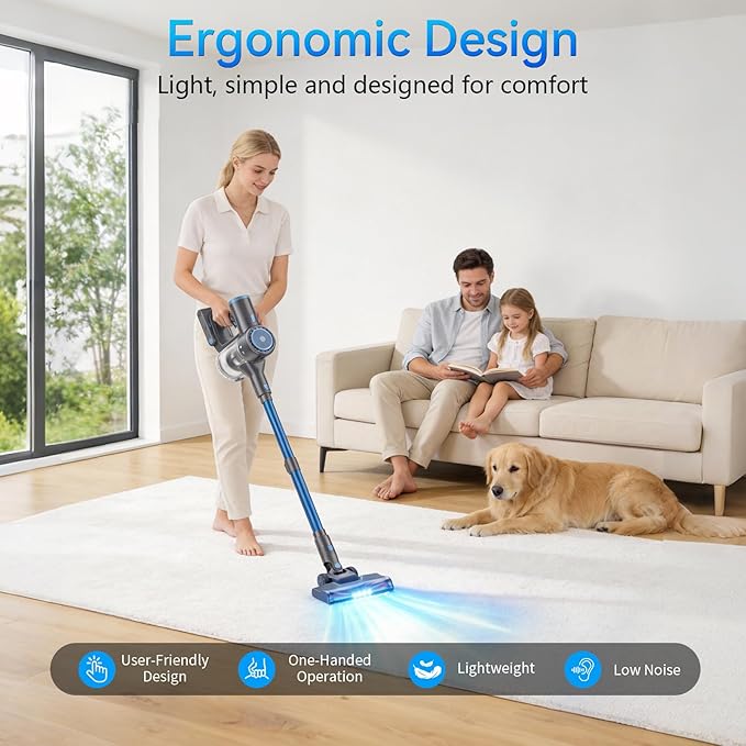 BlueEpic Cordless Vacuum Cleaner, Rechargeable with 2200mAh Detachable Battery, Powerful Stick Vacuum with 2 Adjustable Modes, Lightweight Handheld Vacuum for Pet Hair/Carpet/Floor
