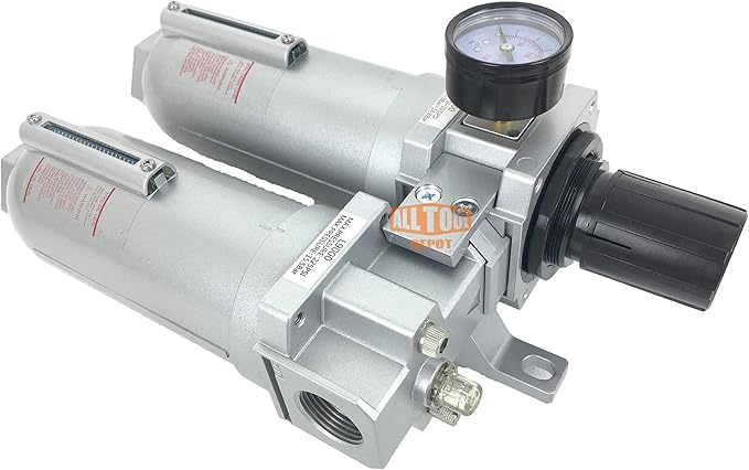 1" NPT SUPER DUTY Compressed Air In Line Filter Regulator Lubricator Oiler Combo Piggyback, Metal Bowl, 5 Micron Element, Adjustable From 7 to 215 PSI (MANUAL DRAIN)