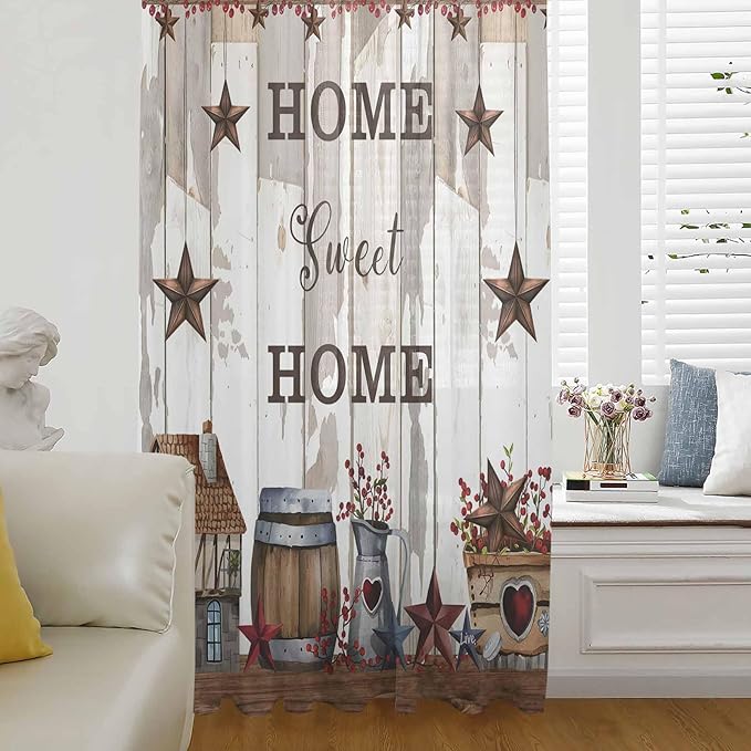 Farmhouse Sheer Curtains 96 Inch Length Retro Country Star Berry Vintage Wood Grain Chiffon Curtain for Bedroom Living Room Light Filtering Rod Pocket Window Treatments Voile Curtains Drapes