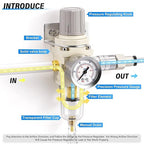 TAILONZ PNEUMATIC 1/4 Inch NPT Air Filter Pressure Regulator Combo Piggyback, 5 Micron Brass Element Air Tool Compressor Filter with Gauge AW2000-02,with Red Handle Ball Valve