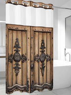 Wood Barn Door No Hook Shower Curtain with Snap in Liner Set, Waterproof Shower Curtains for Bathroom, Wooden Plank Fabric Shower Curtain, See Through Mesh Top Window, 54" W x 78" L