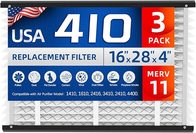 3 Pack, 410 Replacement Air Filter, Nominal Size: 16x25x4, Actual Size: 16.04"x27.91"x3.91" HVAC Furnace Filter, Compatible with AprilAire Models 1410, 1610, 2410, 2416, 3410, 4400, MERV 11