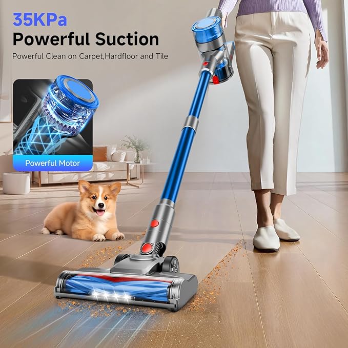 Cordless Vacuum Cleaner for Home, Powerful Stick Vacuum Cleaner with Rechargeable Battery, 6 in 1 Lightweight Handheld Vacuum, 45 Mins Runtime Cordless Vacuum for Hardfloor Carpets Pet Hair (Blue)