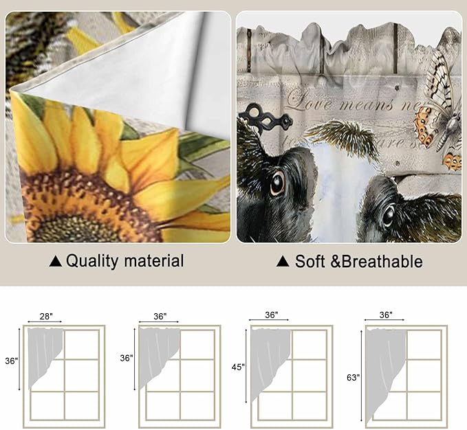 Yellow Sunflowers Swag Valances for Windows, Farmhouse Cow Barn Doors Floral Butterfly Rod Pocket Kitchen Curtains Valance, Small Window Curtains Swag for Cafe Living Room, 2 Panels, 28x36 inch