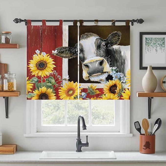 Cows Sunflowers Kitchen Curtains 45 Inch Length, Short Cafe Window Curtains Tab Top, Rustic Farms Barns Flowers Bees Animals Light Filtering Window Treatments Tier Drapes 27.5"x45" 2 Panel