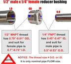 2 Pcs 304 Stainless Steel Reducer Hex Bushing, 1/2" Male NPT to 1/4" Female NPT（ 1/2"MNPT - 1/4"FNPT） Pipe Fitting Hex Bushing, Heavy Duty Pipe Fitting Reducer Adapter (1/2" - 1/4",2pcs)