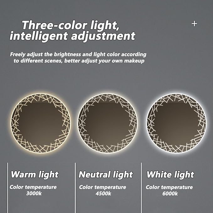 Bathroom Mirror with LED Lights, Wall Mirror with Touch Sensor, Round Mirror with Demister Pad, 3 Light Modes, for Living Room and Bathroom(A,50cm/19.7in)