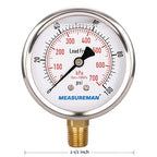 MEASUREMAN Lead-Free Pressure Gauge, 2-1/2inch Dial, Glycerin Filled, 0-100psi/kpa, Stainless Steel Case, 1/4inchNPT Lower Mount