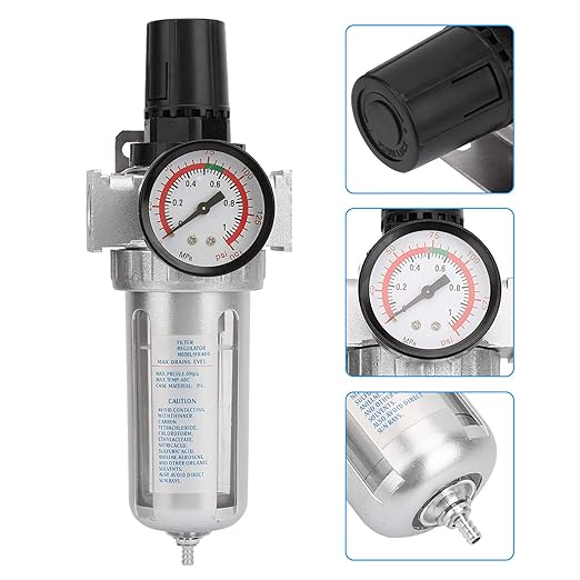 1/2" NPT Air Filter Regulator 0-150Psi with Pressure Gauge, Compressed Air Compressor Water Oil Separator for Pneumatic Tools (Silver)