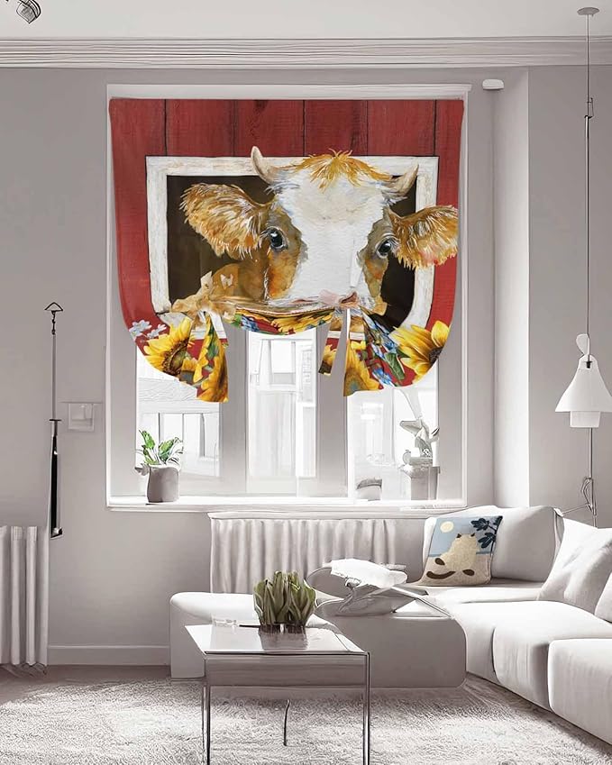 Tie Up Curtains for Windows, Cows Sunflowers Adjustable Balloon Nature Linen Textured Kitchen Curtain, Spring Floral Bees Farmhouse Barn Tie Up Light Filtering Curtains for Decor, 34 x 45 in