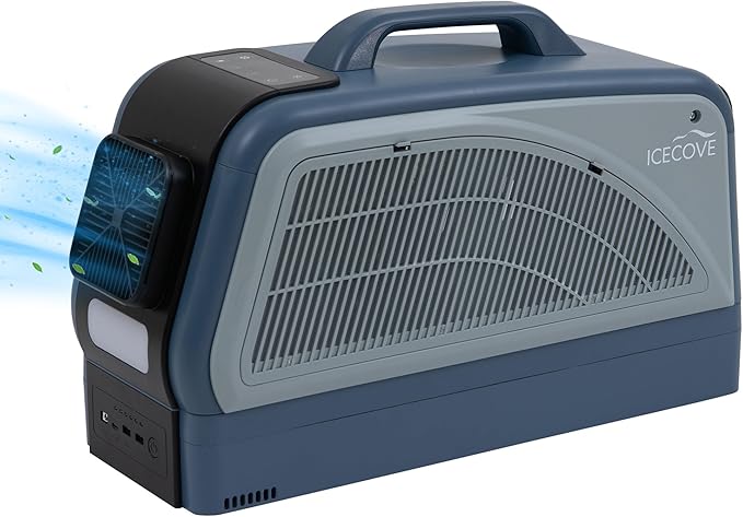 IceCove Portable Air Conditioner with Add-on Battery, 2500BTU Portable Car AC Unit, 250W Low Power Consumption, 25.5VDC, 2 Fan Speed, 3 Light Mode for Tent Camping RV Truck Van Life Home, Blue