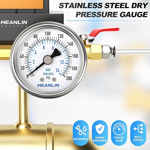 MEANLIN MEASURE 0~200Psi Dry Pressure Gauge Stainless Steel 1/4" NPT 2" FACE DIAL Waterproof for Air Compressor Air Regulator Water Filter Center Back Mount, with 1/2" NPT and 3/8" NPT Hex Bushing