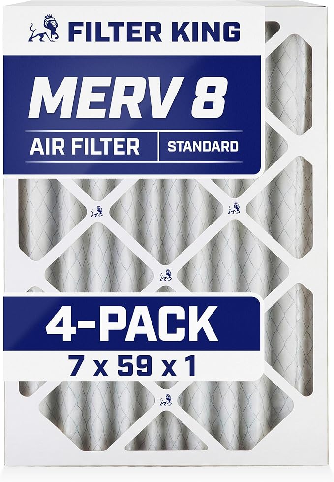 Filter King 7x59x1 Air Filter | 4-PACK | MERV 8 HVAC Pleated A/C Furnace Filters | MADE IN USA | Actual Size: 7 x 59 x .75"