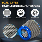 3" 76mm Universal High Flow Cold Air Intake Air Filter Upgraded Stainless Steel Cone Filter(Blue)