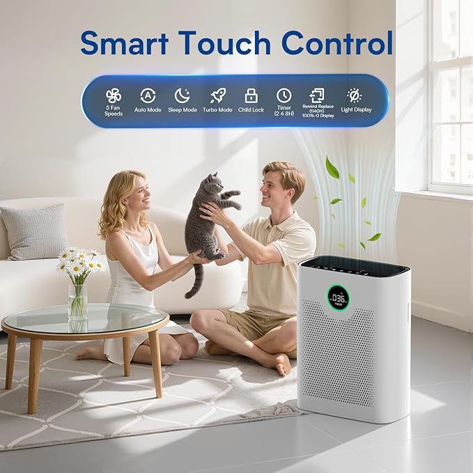 Air Purifiers for Home Large Room up to 3000 ft², VNIUP H14 True HEPA Air Purifier for Bedroom, PM 2.5 Display Air Quality Sensor Air Cleaner for for Whole Home Dorm Room Bedroom Office, ZQA-8000A