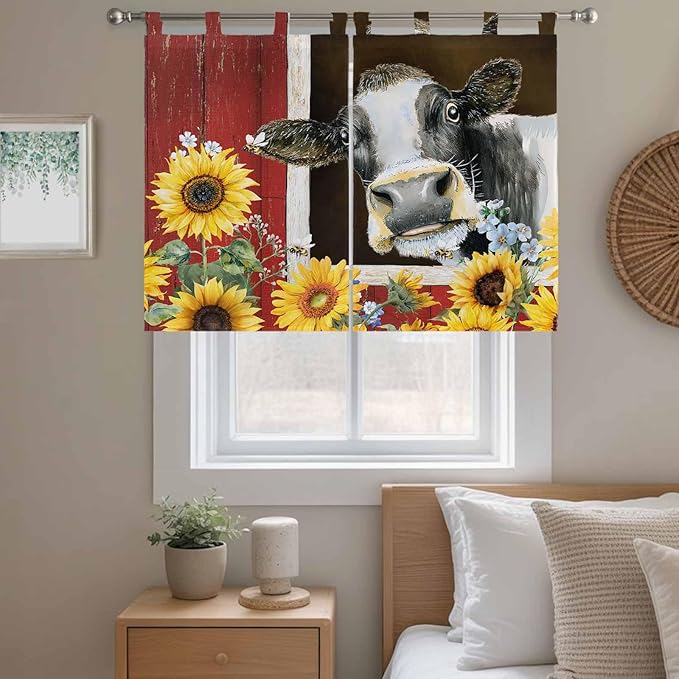 Cows Sunflowers Bedroom Curtains 63 Inch Length, Window Curtains Tab Top, Rustic Farms Barns Flowers Bees Animals Light Filtering Window Treatments Drapes 42"x63" 2 Panel