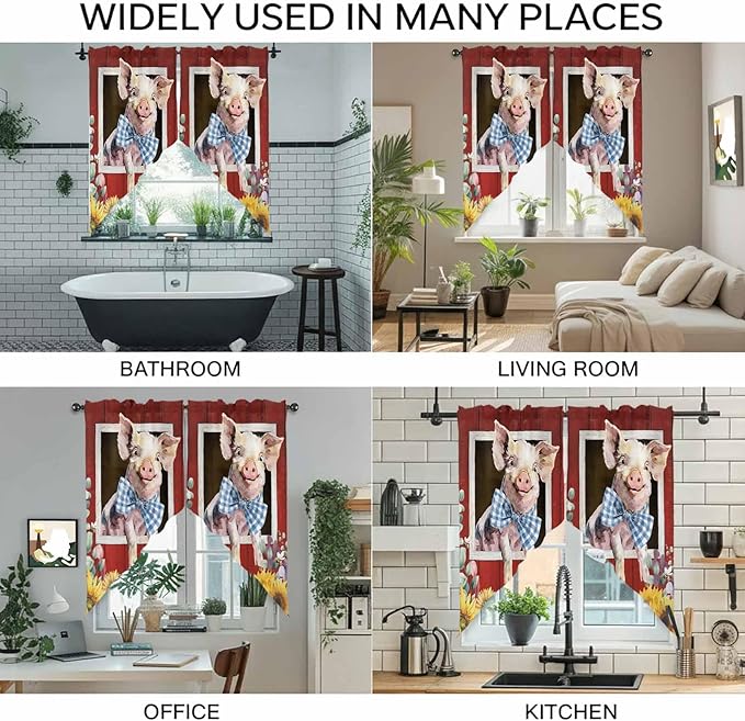 Pig Sunflowers Swag Valances for Windows, Eucalyptus Leaves Floral Bees Red Barn Rod Pocket Kitchen Curtains Valance, Kitchen Window Curtains Swag for Cafe Bathroom Living Room, 2 Panels, 36x45 inch