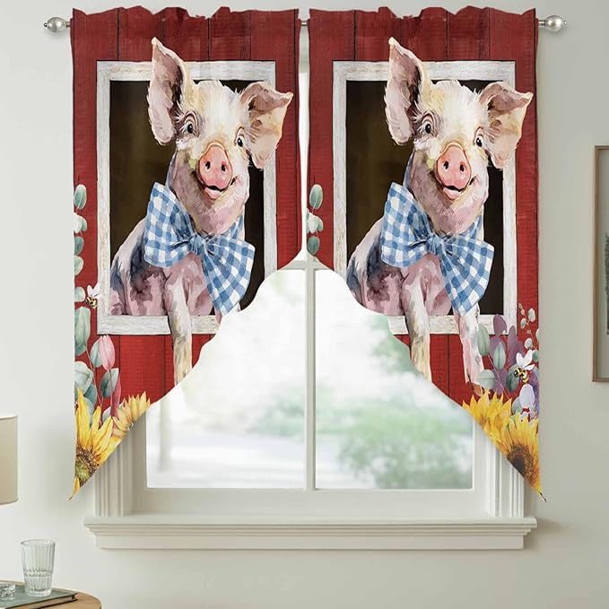 Pig Sunflowers Swag Valances for Windows, Eucalyptus Leaves Floral Bees Red Barn Rod Pocket Kitchen Curtains Valance, Small Window Curtains Swag for Cafe Bathroom Living Room, 2 Panels, 28x36 inch