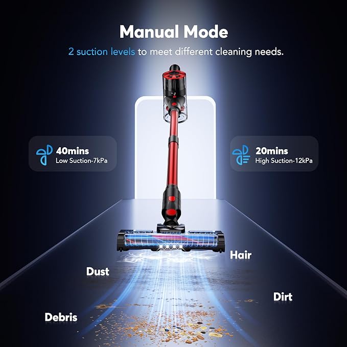 Cordless Vacuum Cleaner Rechargeable with 2600mAh Detachable Battery, Powerful Vacuums with 2 Adjustable Modes, Lightweight Portable Stick Vacuum for Home (Burgundy)