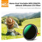 K&F CONCEPT 43mm Black Diffusion Mist Effect 1/4 & Variable ND2-32(1-5 Stops) & Circular Polarizing Filter CPL-in 1 HD Lens Filter with 28 Multi-Coatings for Camera Lenses (Nano-X Series)