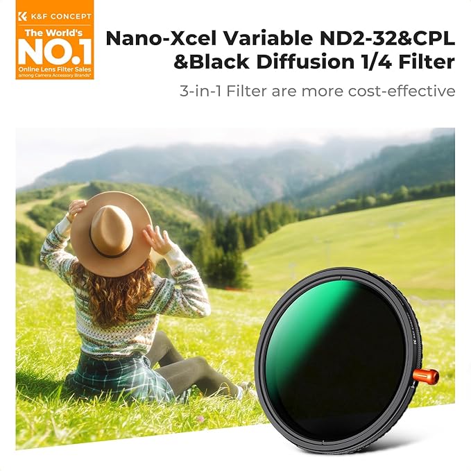 K&F CONCEPT 37mm Black Diffusion Mist Effect 1/4 & Variable ND2-32(1-5 Stops) & Circular Polarizing Filter CPL-in 1 HD Lens Filter with 28 Multi-Coatings for Camera Lenses (Nano-X Series)