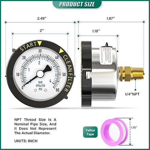 0-60PSI Stainless Steel Pool Filter Pressure Gauge, 1/4" NPT Back Mount, with Plastic Adjustable Bezel, Start and Clean Filter Pressure Gauge, for Swimming Pool, spa, Aquarium