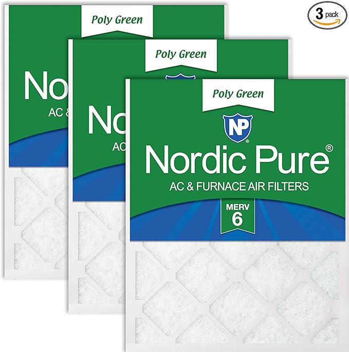 Nordic Pure 12x24x1 (Actual Size: 11 1/2 x 23 1/2 x 3/4) Poly Green MERV 6 AC Furnace Air Filters – Reduces Dust, Pollen, Pet Dander & Allergens – 3-Pack