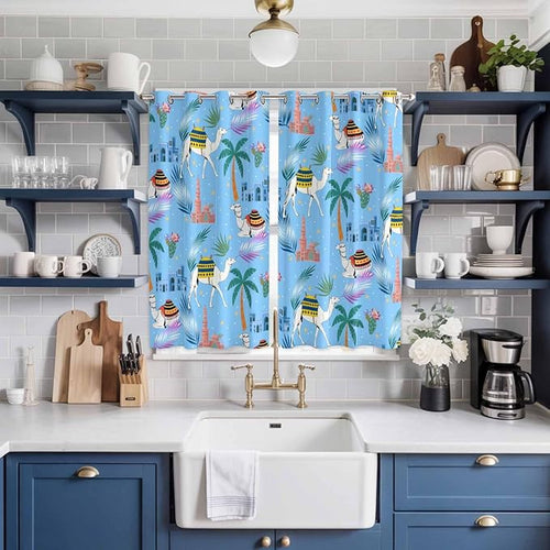 2 Panel Kitchen Cafe Curtains, Desert Landscape Sunlight Filtering Nature Air Through, Window Decor Tier Curtains for Living Room 104W x 84L inch Cute Camels Palm Trees Houses Leaves Blue