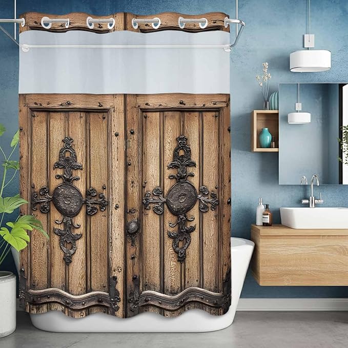 Wood Barn Door No Hook Shower Curtain with Snap in Liner Set, Waterproof Shower Curtains for Bathroom, Wooden Plank Fabric Shower Curtain, See Through Mesh Top Window, 72" W x 96" L