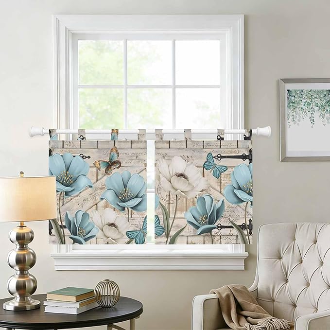 Teal Blue Tulips Kitchen Curtains 36 Inch Length, Small Window Curtains Tab Top, Spring Floral Barn Doors Vintage Wood Beige Light Filtering Short Window Treatments Tier Drapes 27.5"x36" 2 Panel