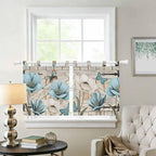 Teal Blue Tulips Kitchen Curtains 36 Inch Length, Small Window Curtains Tab Top, Spring Floral Barn Doors Vintage Wood Beige Light Filtering Short Window Treatments Tier Drapes 27.5"x36" 2 Panel