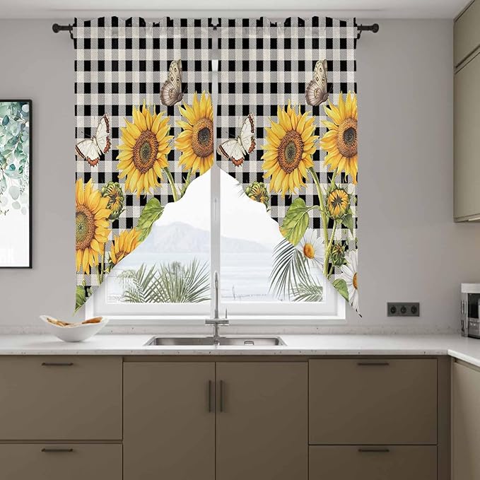 Sunflowers Swag Valances for Windows, Yellow Flowers Butterfly Farmhouse Black Plaid Rod Pocket Kitchen Curtains Valance, Kitchen Window Curtains Swag for Cafe Living Room, 2 Panels, 36x63 inch