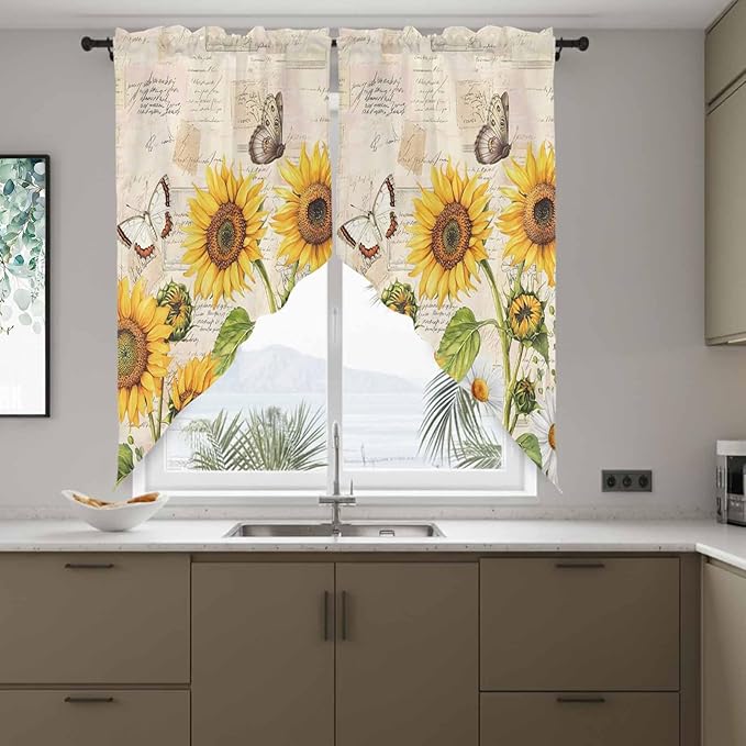 Yellow Sunflowers Swag Valances for Windows, Country Farm Butterfly Flower Light Beige Rod Pocket Kitchen Curtains Valance, Small Window Curtains Swag for Cafe Living Room, 2 Panels, 36x36 inch
