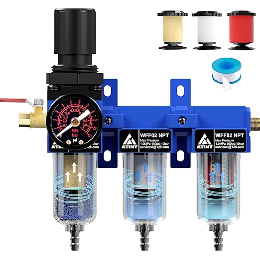 3 Stage Air Dryer 1/4" NPT,Air Dryer System Air Compressor Filter Dryer,Air Dryer for Compressor,5 &0.5 &0.01 Micron Filter Cartridge,Semi-Auto Drain, Metal Bracket-Blue