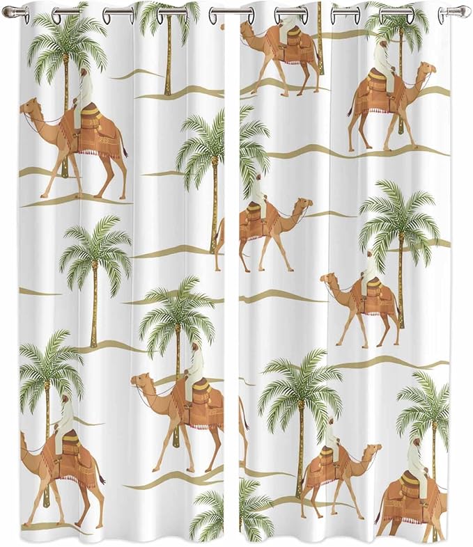 2 Panel Kitchen Cafe Curtains, Desert Camels Sunlight Filtering Nature Air Through, Home Decor Window Covering Tier Curtains for Bedroom Living Room 104W x 96L inch Tropical Date Palm Trees Animal