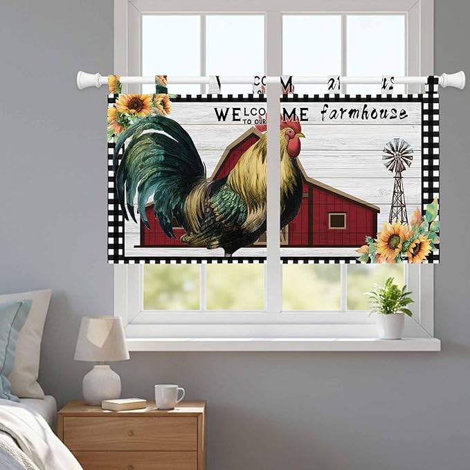 Farmhouse Rooster Kitchen Curtains 36 Inch Length, Small Window Curtains Tab Top, Rustic Red Barn Windmill Sunflowers Light Filtering Short Window Treatments Tier Drapes 27.5"x36" 2 Panel