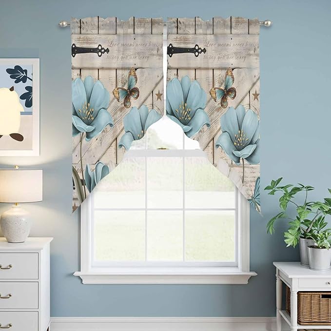 Teal Blue Tulips Swag Valances for Windows, Spring Floral Barn Doors Vintage Wood Beige Rod Pocket Kitchen Curtains Valance, Kitchen Window Curtains Swag for Cafe Living Room, 2 Panels, 36x45 inch