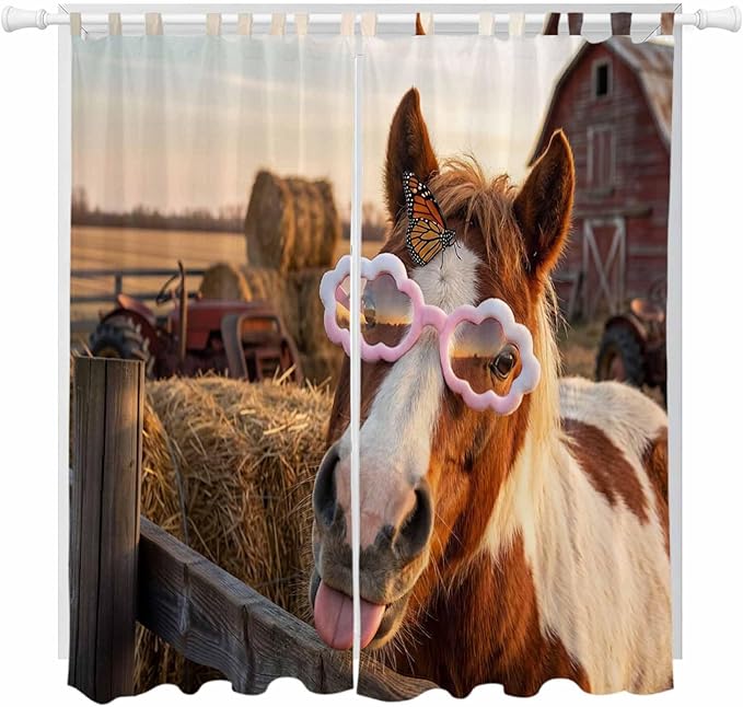 Farm Horses Living Room Curtains 84 Inch Length, Window Curtains Tab Top, Farmhouse Barn Funny Animals Butterfly Light Filtering Window Treatments Drapes 52"x84" 2 Panel